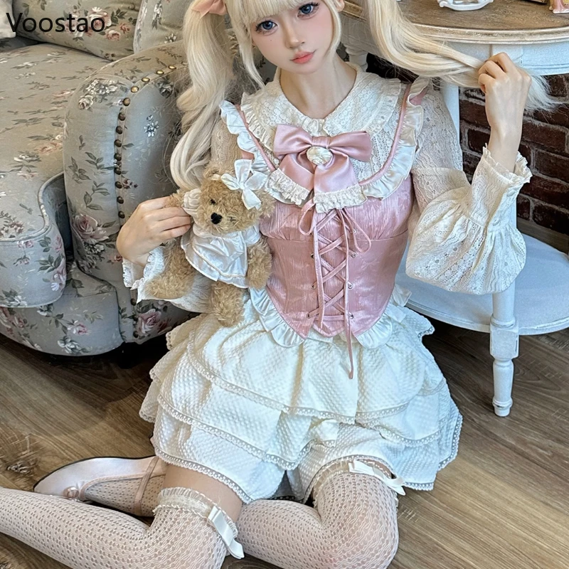 

Sweet Lolita Style Princess 3 Piece Sets Women Elegant Bow Shirt Pink Vest Mini Cake Skirt Suits Female Korean Cute Y2k Outfits