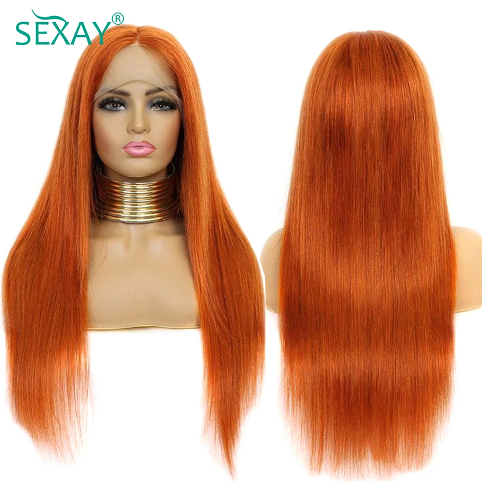 Peluca Frontal de encaje de jengibre, cabello humano liso peruano, HD, transparente, prearrancado, naranja, 30, 32