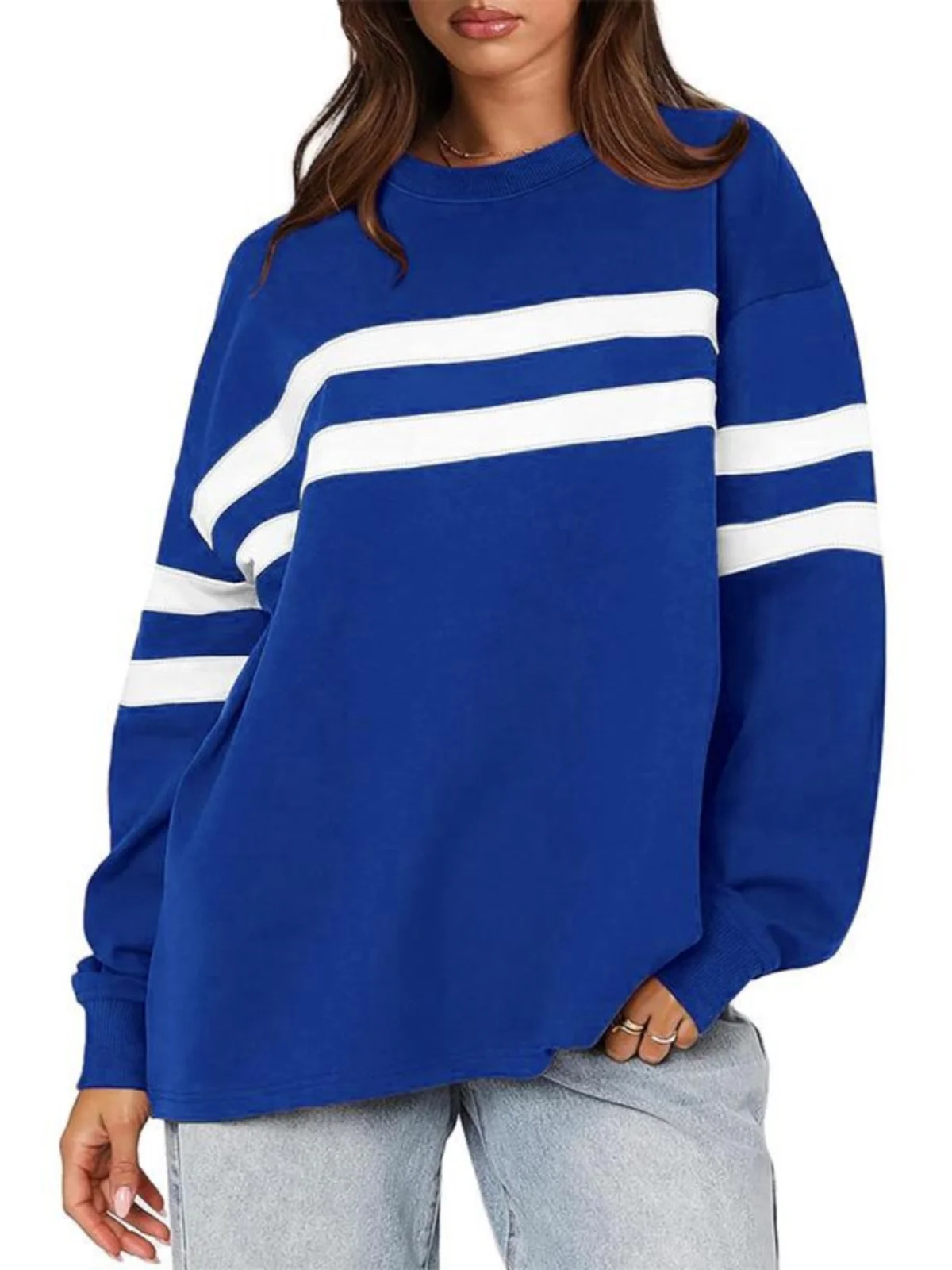 Sweat-shirt décontracté à rayures longues Sve coupe ample Street Sle femme Faion fibre de polyester rond Ne pull Thiened Ja...