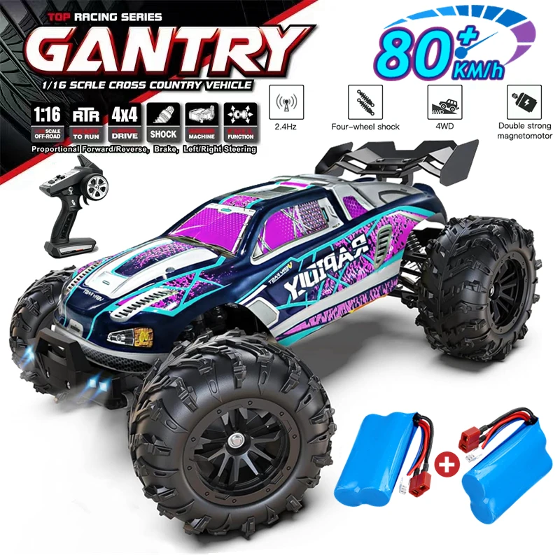 מכונית דריפט RC Brushless 1:16 80 קמ/ש עם תאורת LED 4WD מהירות גבוהה שליטה מרחוק מירוץ מונסטר טראק לילדים ומבוגרים
