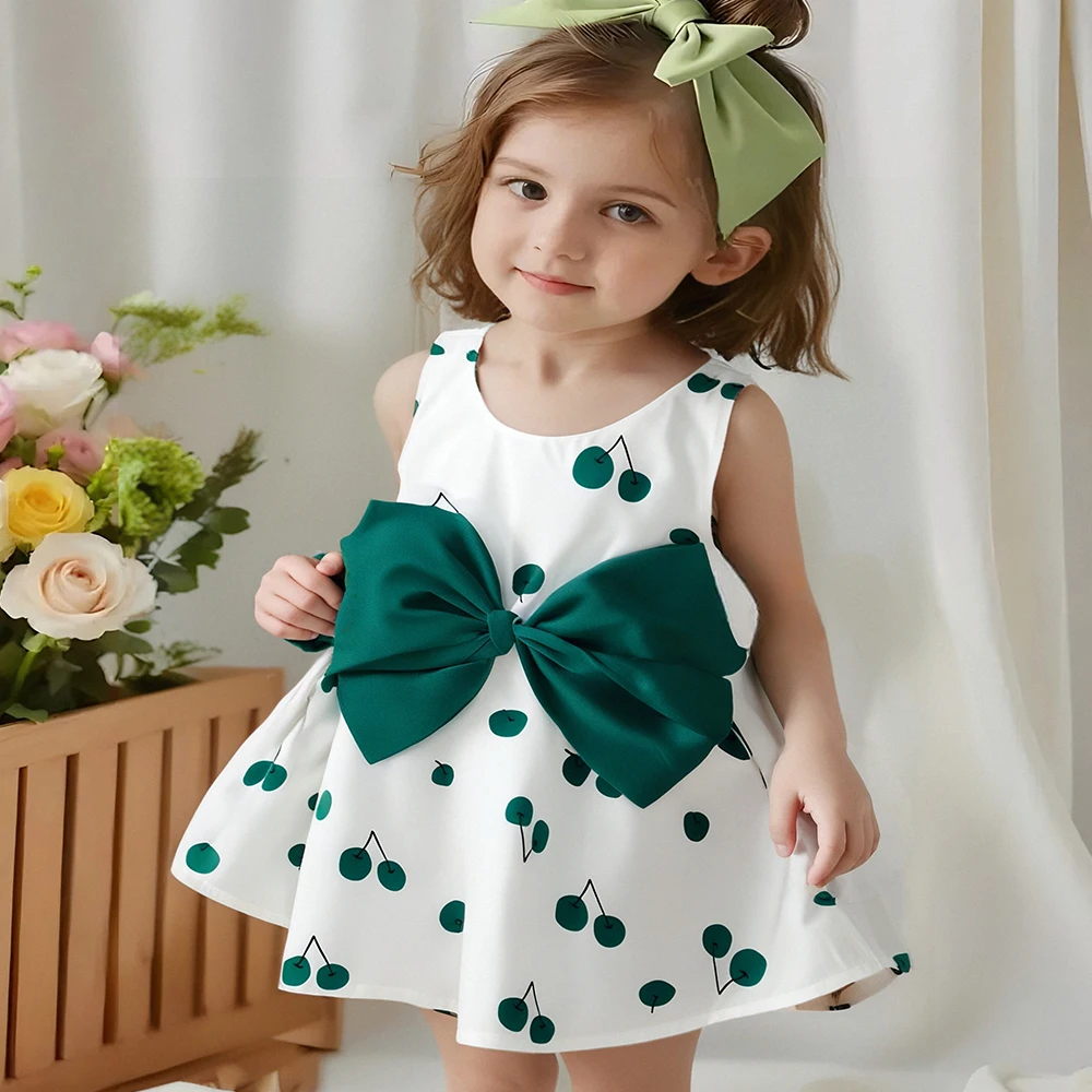 

Summer 2/piece baby girl sleeveless cherry print large bow decorated beach dress and hat set for children's summer wear