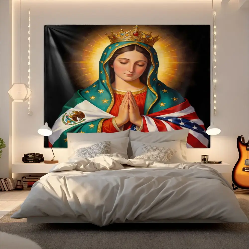 Virgin Mary Tapestry Wall Hanging Mexico USA Flag Print Aesthetic Wall Tapestry Spiritual Home Decor For Bedroom Living Room