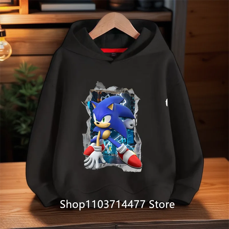 2025 Sonic the Fastest Boy - Kids Hoodie with Cartoon Print - Sporty Boys' Casual Shirt - Long Sleeve for Autumn/Winter
