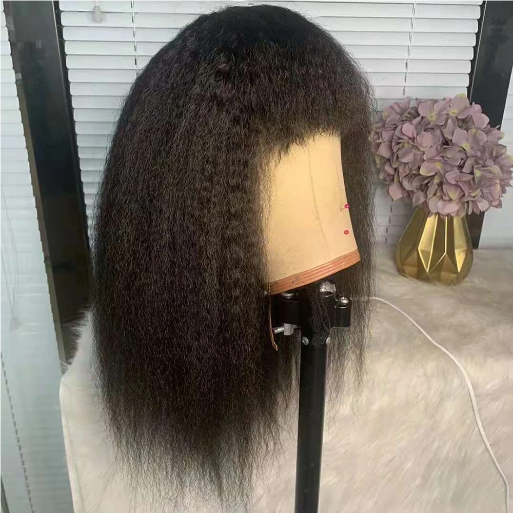 Perucas Afro Kinky Straight com Franja para Mulheres Negras, Cabelo Humano Yaki, Peruca Franja, Itália, Pronto a Vestir