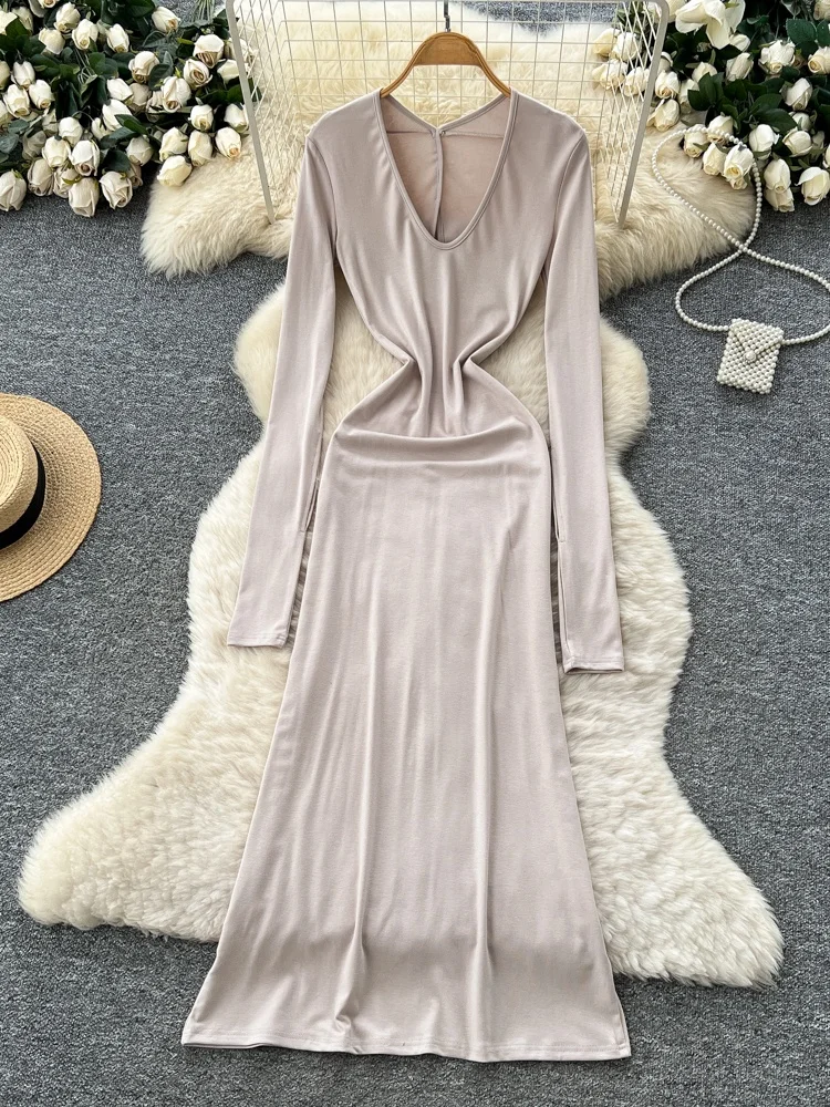 

Women's Slim Fit Long Sve V-Ne Dr Pure Desire Spicy Girl Waist Cinching Long Skirt Ci Commute A-Line Dr