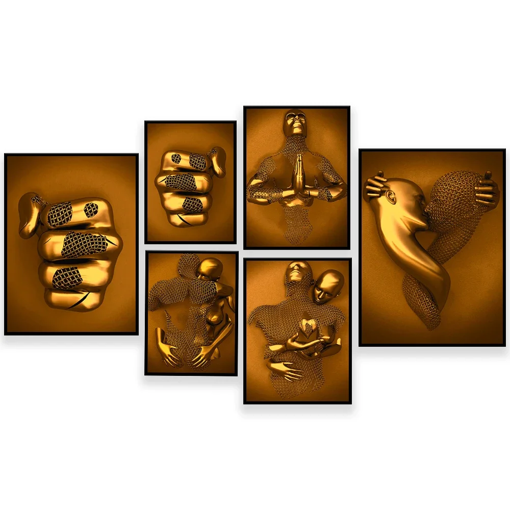 

Two Punch, Gold Canvas Metal Figure Sculpture Art Canvas Painting Wall Art Romantic Picture Poster For Living Room Home Decor