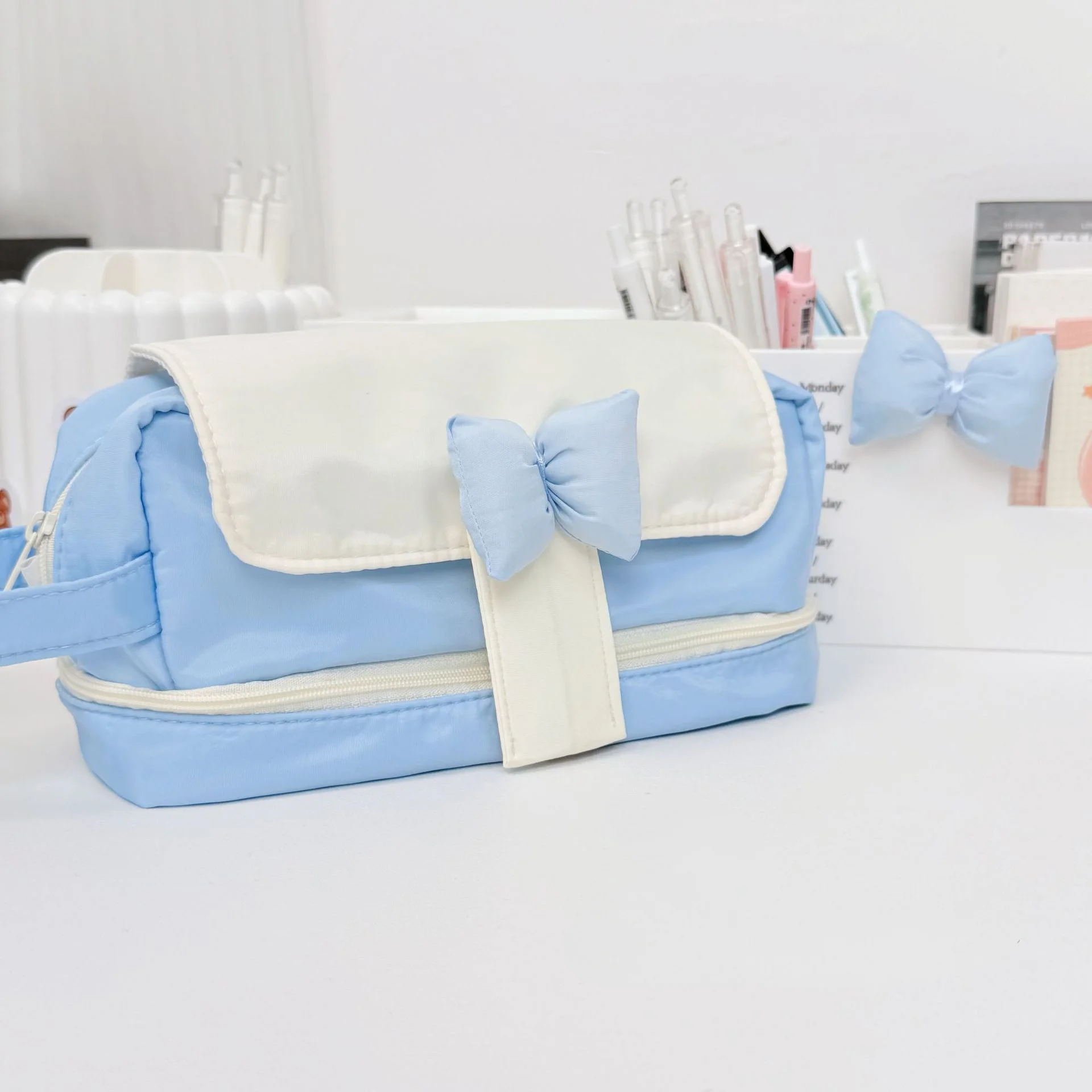 Kawaii Fufu Princess Bow Pen Bag Ins Student Stationery Girl Pen Bag Small Fresh High Beauty Pen Box Cute High Beauty