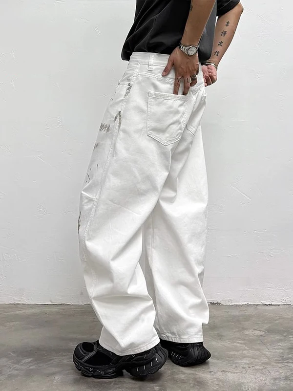 سراويل تقليدية مرسومة يدويًا بيضاء فضفاضة واسعة الساق سكين تصميم بسيط الراقية الشعور الشبابي الطاقة Sle الصيف الرجالية