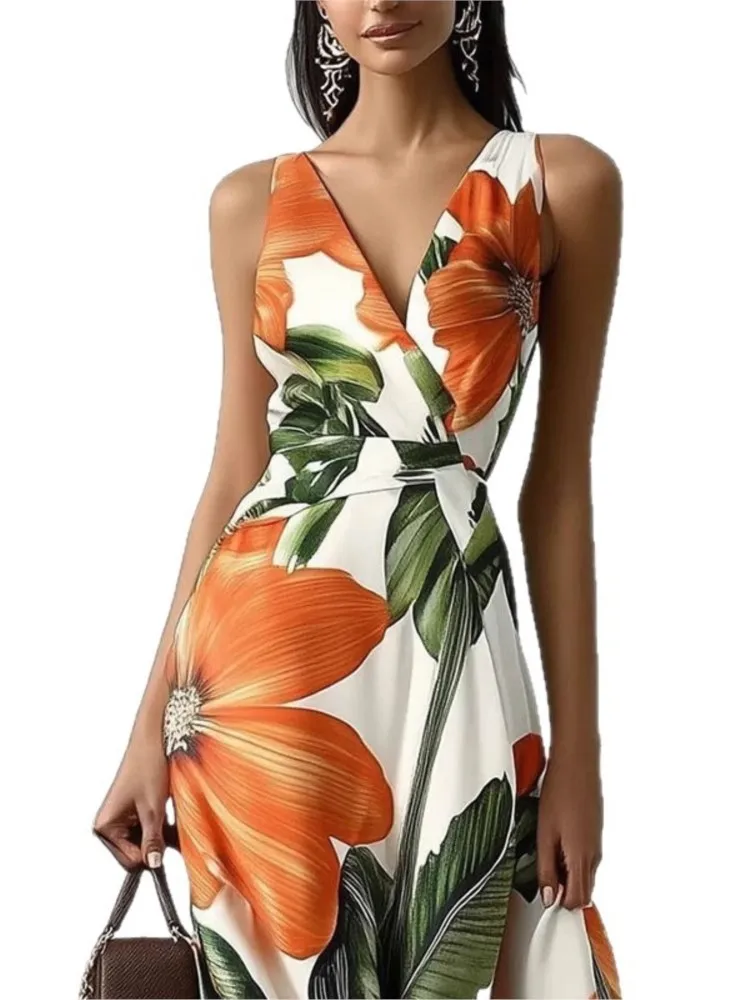 Nuevo Sexy cuello en V estampado Floral Boho dobladillo grande Maxi Vestidos mujeres Casual vestido de fiesta verano sin mangas vacaciones Vestido de playa Vestidos