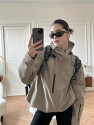 QWEEK Y2K Vintage Windbreaker Jacket Women Gorpcore Streetwear Taupe Hooded Outerwear Oversized Hip Hop Techwear Black Coat