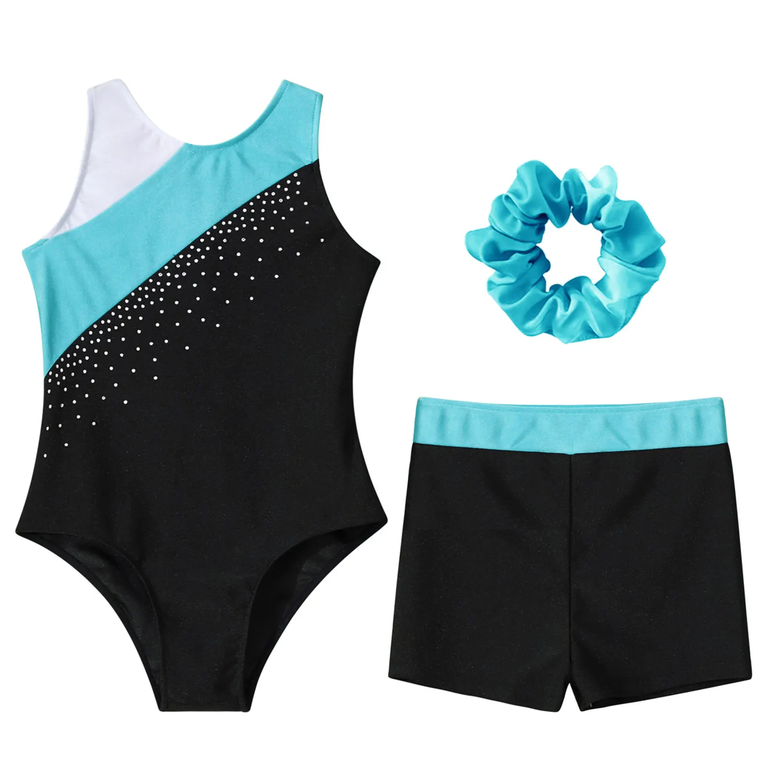 Children Figure Skating Bodysuit Kids Girls Dance Set Sleeveless Rhinestones Gymnastics Leotard with Shorts Dancewear Sets