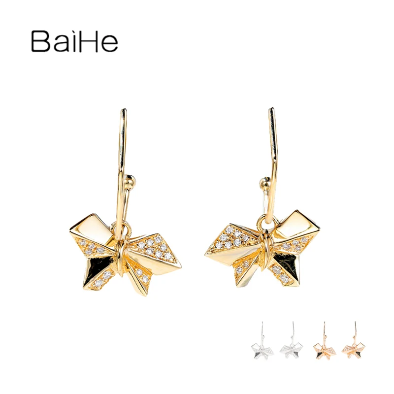 BAIHE Solid 14K Yellow Gold H/SI Natural Diamond Butterfly Ear Hook Earrings Women Wedding Fine Jewelry boucle d’oreille серьги