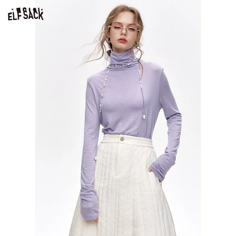 ELFSACK 2024 Winter New Arrivals Pile collar inner wear sweater women solid color bottom T-shirt