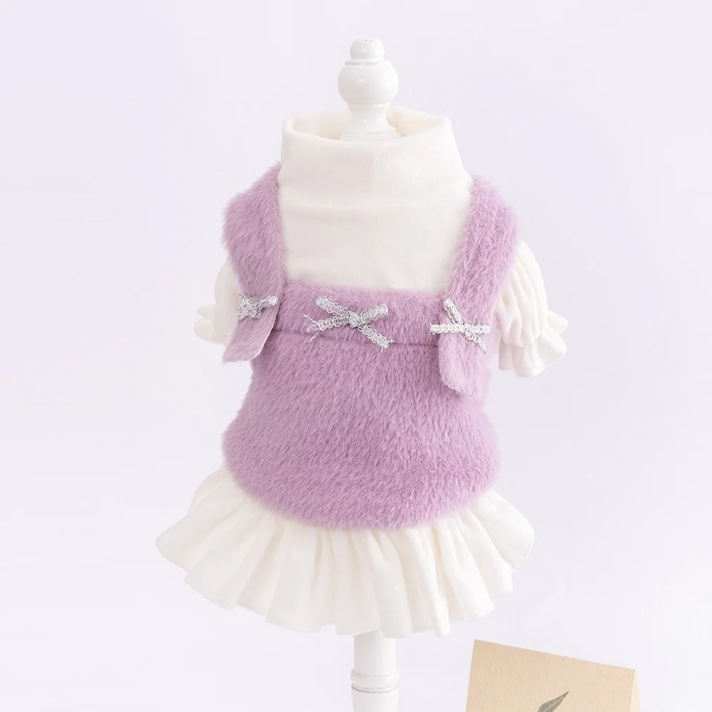 

Платье для домашних животных из искусственного меха. Элегантное платье для щенка из двух предметов с бантом. Торжественный наряд для маленьких собак/кошек. Платье для свадебной вечеринки для домашних животных.