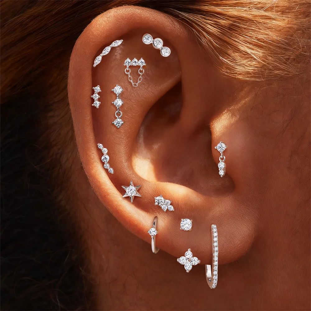 CANNER 925 Sterling Silver Shiny Moissanite Star/Flower Tassel Piercing Earrings For Woman Party Wedding Helix/Tragus Jewelry view 3