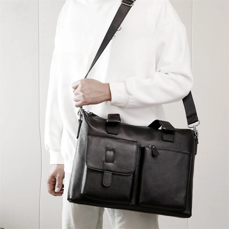 Valigetta per laptop Bussiness in vera pelle Borsa protettiva grande in pelle di mucca per uomo o donna Borsa a tracolla o a tracolla da uomo nera