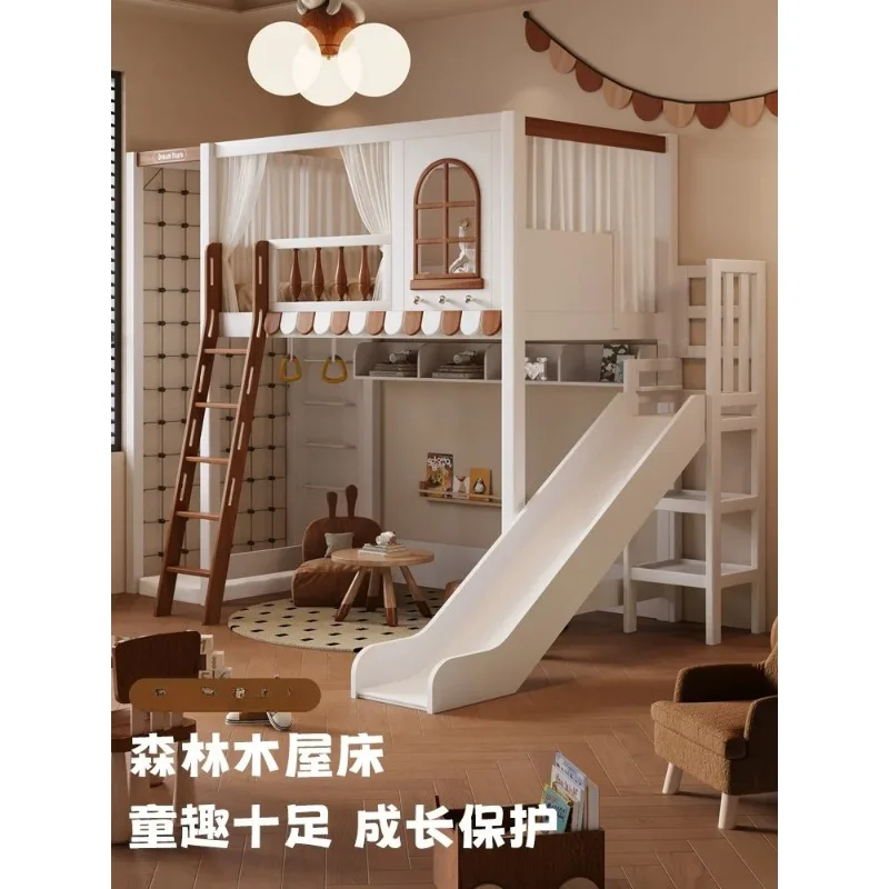 Upper and lower beds Solid wood beds, multi-functional tree house slide beds Empty single upper elevated bed under the bed