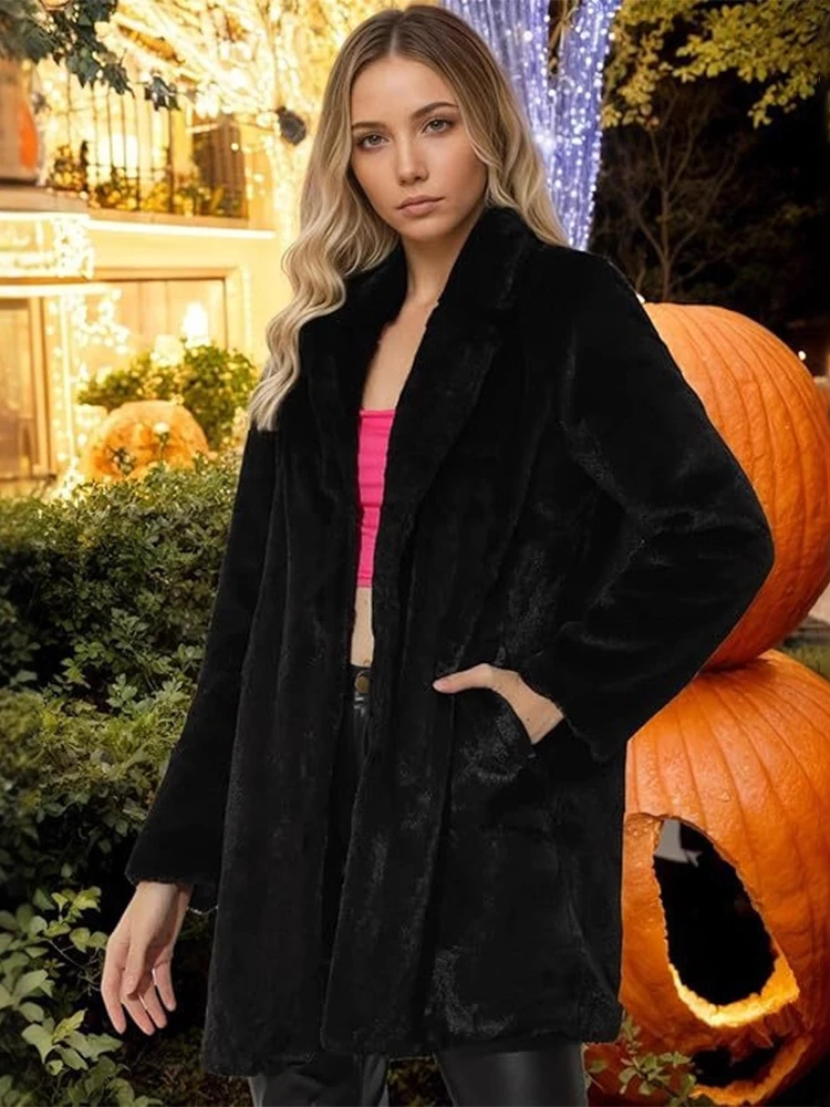 معطف ترينديكس أنيق من الفرو الصناعي للنساء موضة الشتاء الدافئة بأكمام طويلة وطية صدر السترة معاطف مكتب للتنقل سترة طويلة غير رسمية #3