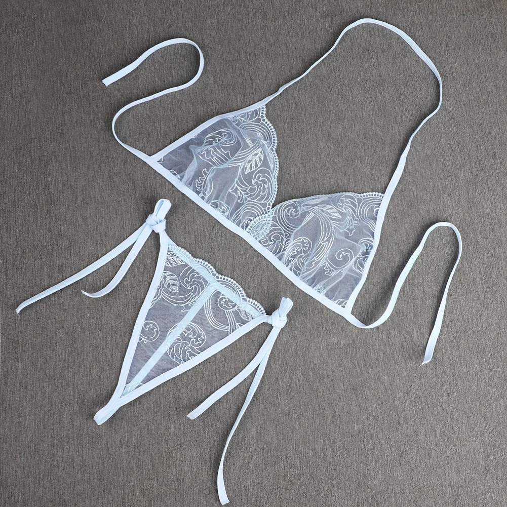 Sexy Lingerie Women Bikini Embroidered Flower 3 Point Transparent See Through Mesh Laceup Breathable Comfortable Sexy Bras 2025