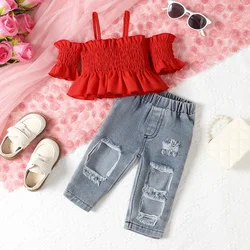 2pcs Baby Girls Clothing Set Strap Off Shoulder Sleeves Ruffle Edge Folds Top Denim Trousers Suit Baby Fashion Clothes Summer