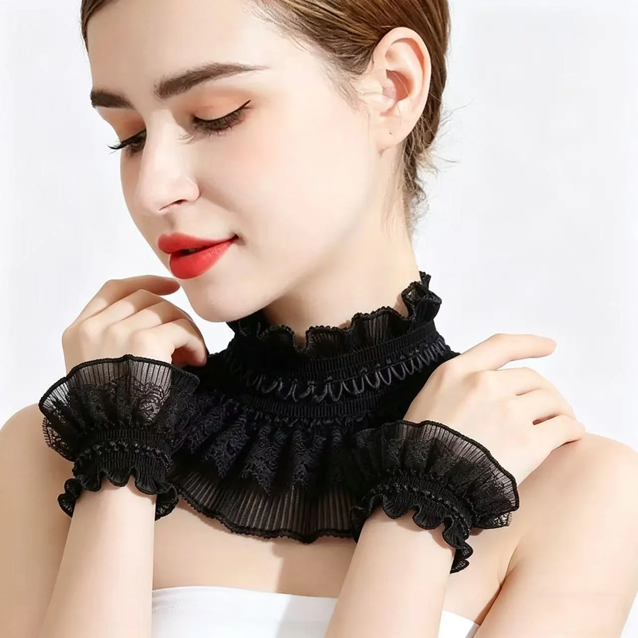 3-teiliges Set mit Spitzenkragen und Rüschen für Damen, vielseitiges Layering-Shirt-Zubehör für Frauen – Detail 4