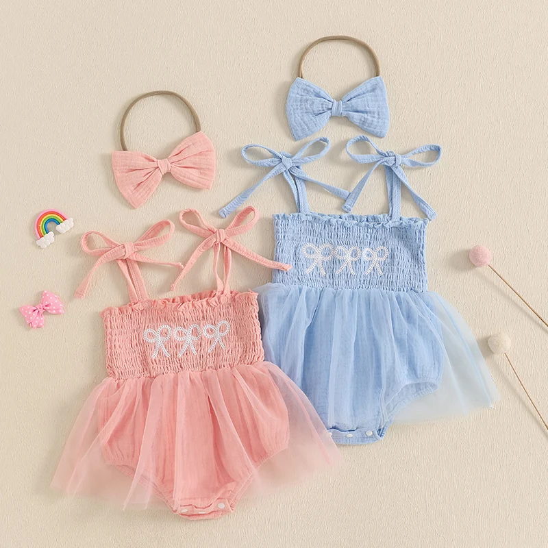 

Lioraitiin Newborn Baby Girl Summer Romper Dress Casual Bow Embroidery Tie up Straps Sleeveless Jumpsuit