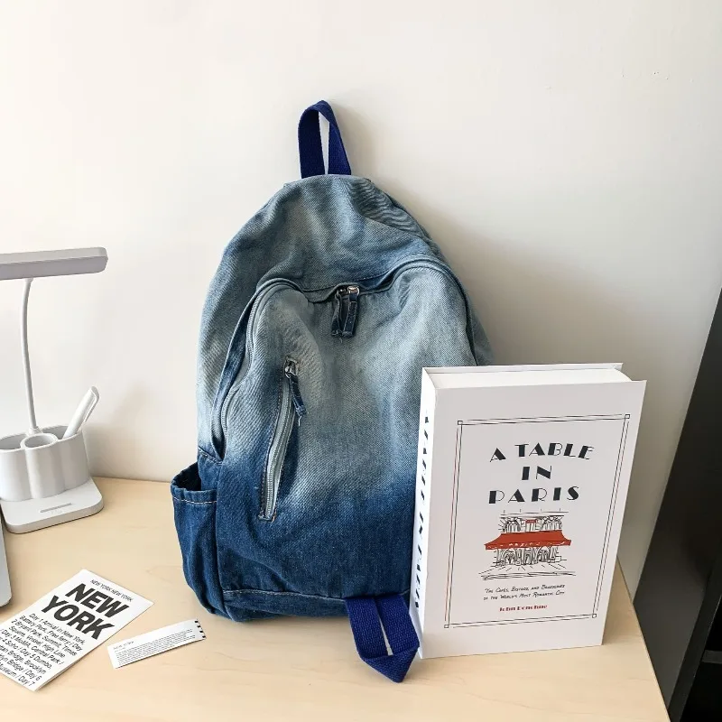 Gradual Change Travel Denim Student Schoolbag Korean Old Retro Casual Washed Denim Backpack Large Capacity