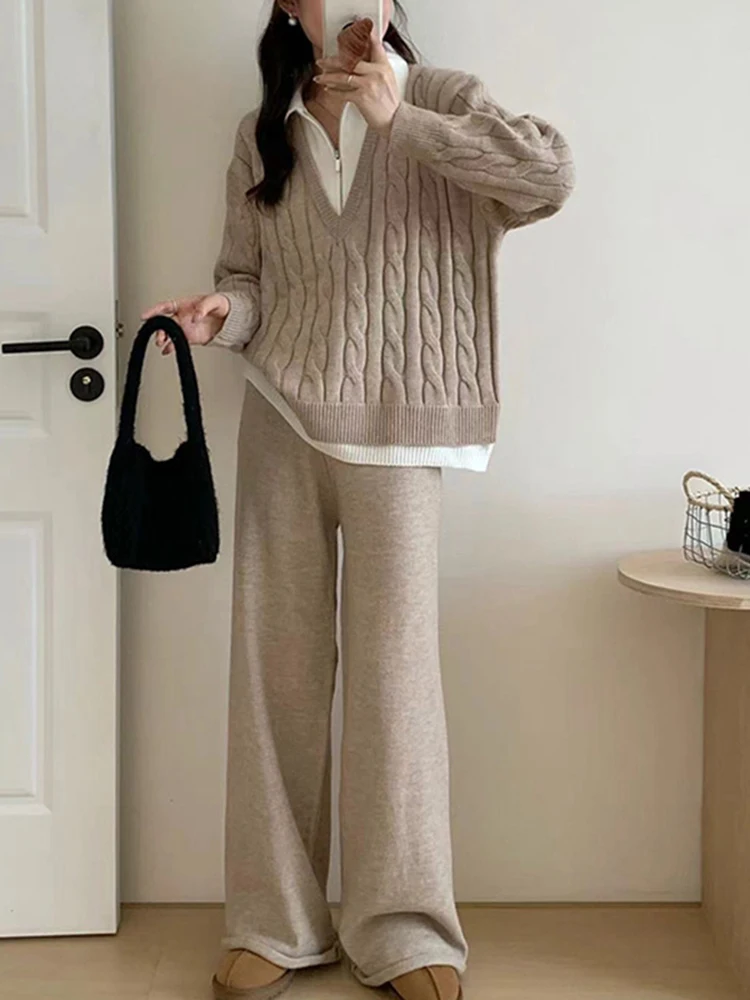 LANMREM Two-pieceTwists Sweater Set Patchwork Lapel Pullover With Wide Leg Pants Knitting Thickened Clothing 2024 New 2DA9350