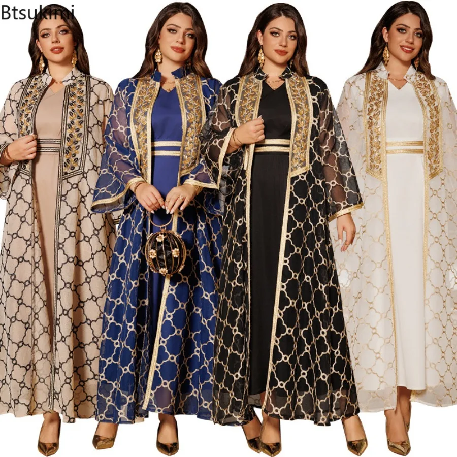 

Мусульманские платья-костюмы из 2 предметов для женщин: марокканский кафтан с вышивкой, джалабия, открытые абайи для Рамадана, Дубай, исламские платья, кардиганы, халаты