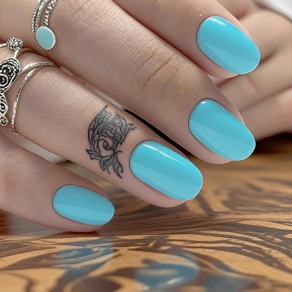

48Pcs Sky Blue Short False Nails With Glue Woman Press On Fake Nails Tips DIY Full Cover Finger Nails Art Manicure Accessory