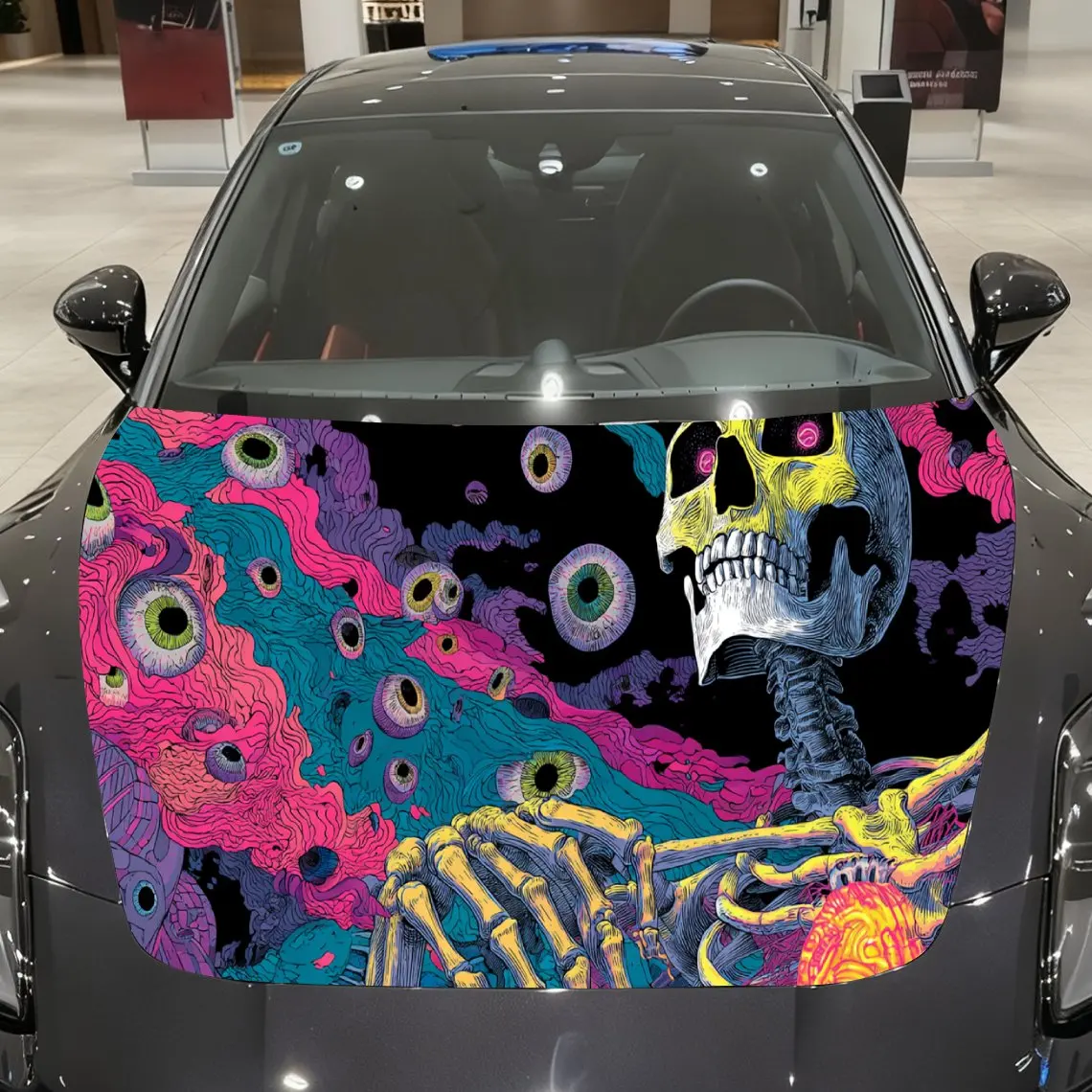 

Psychedelic Skeleton Car Hood Sticker, Colorful Eyeball Background Car Hood Graphic, Waterproof and Self-adhesive Car Hood Decal