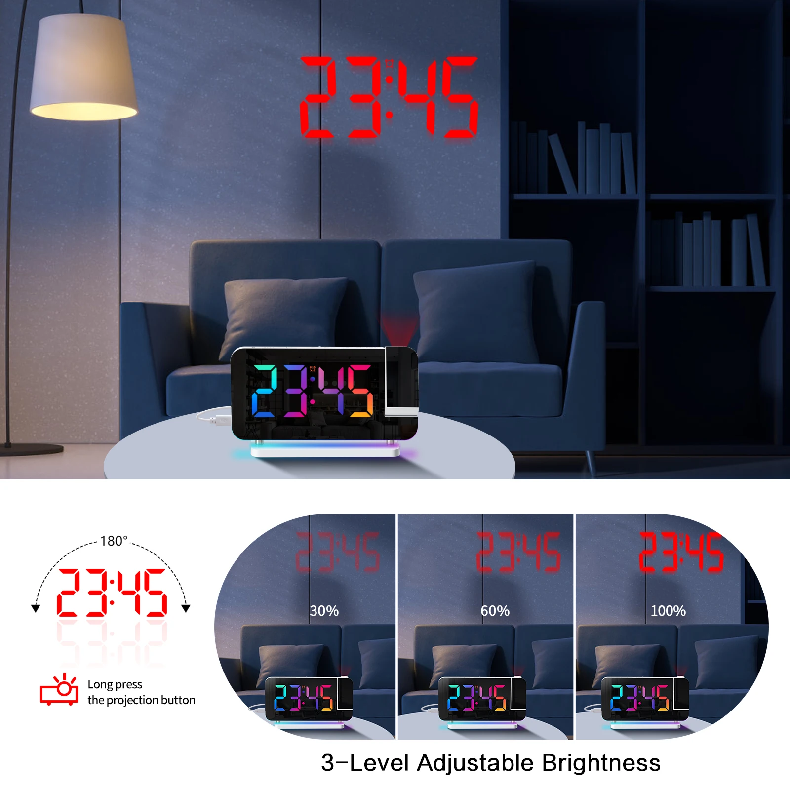 New LED Digital Alarm Clock Table Watch Electronic Desktop Clocks USB Wake Up FM Radio Time Projector Snooze Function Alarm - Image 6