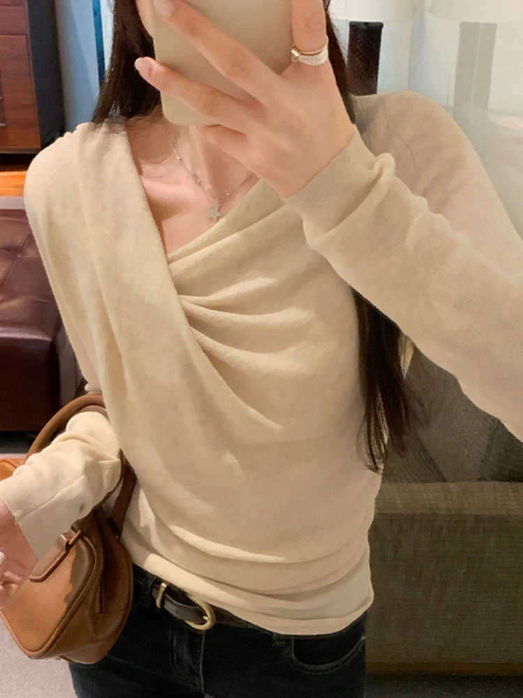 

Korean V-Neck Long Sleeved Knitted Women Pullovers Solid Color Sweet Elegant Lady Woman Pullovers Pink Apricot Blue Black Top