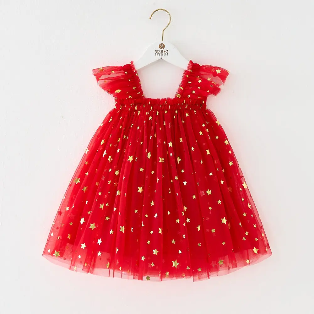 2024 Fashion Christmas Baby Girl Clothes Star, Crutch Prints  Fly Sleeve Baby Girl Dress Xmas Dress Festive Party Princess Frock