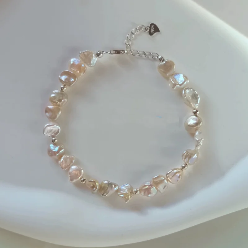 

Natural Baroque Bracelet Women With Fragments, Freshwater Silver White Pearl Irregular Shape