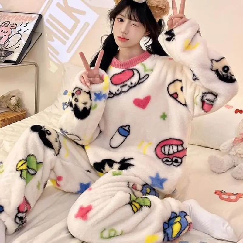 Woman's Crayon Shin-Chan Pajamas Cartoon Coral Fleece Round Neck Tops Pant Sleepwear Autumn and Winter Thick Warm Home Clothes