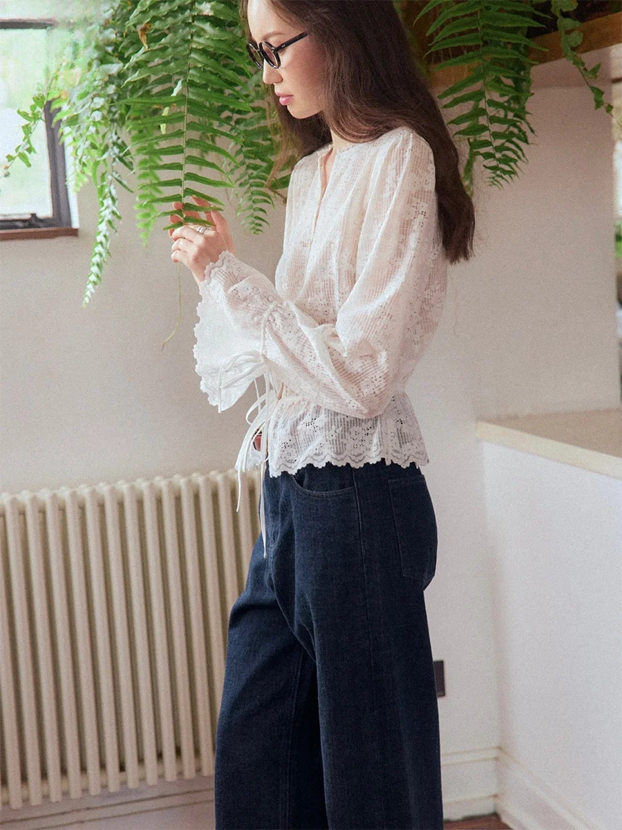 

Винтажный романтический женский топ с кружевной отделкой и завышенной талией, с длинными рукавами, свободного кроя, размер S