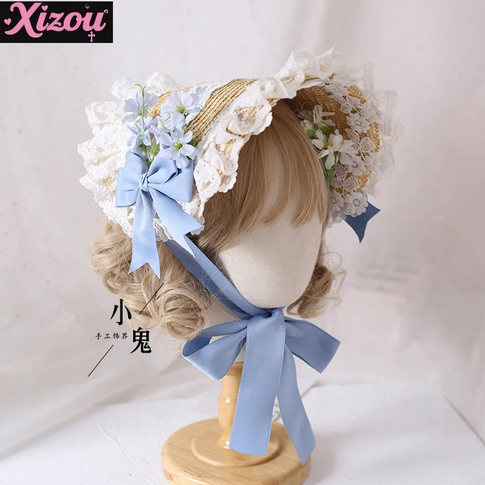 Straw Hat Flat Hats Lolita Original Handmade Gorgeous Elegant Tea Party Pastoral Hanyo Eclectic Lace Bonnet Bnt Hat for Women