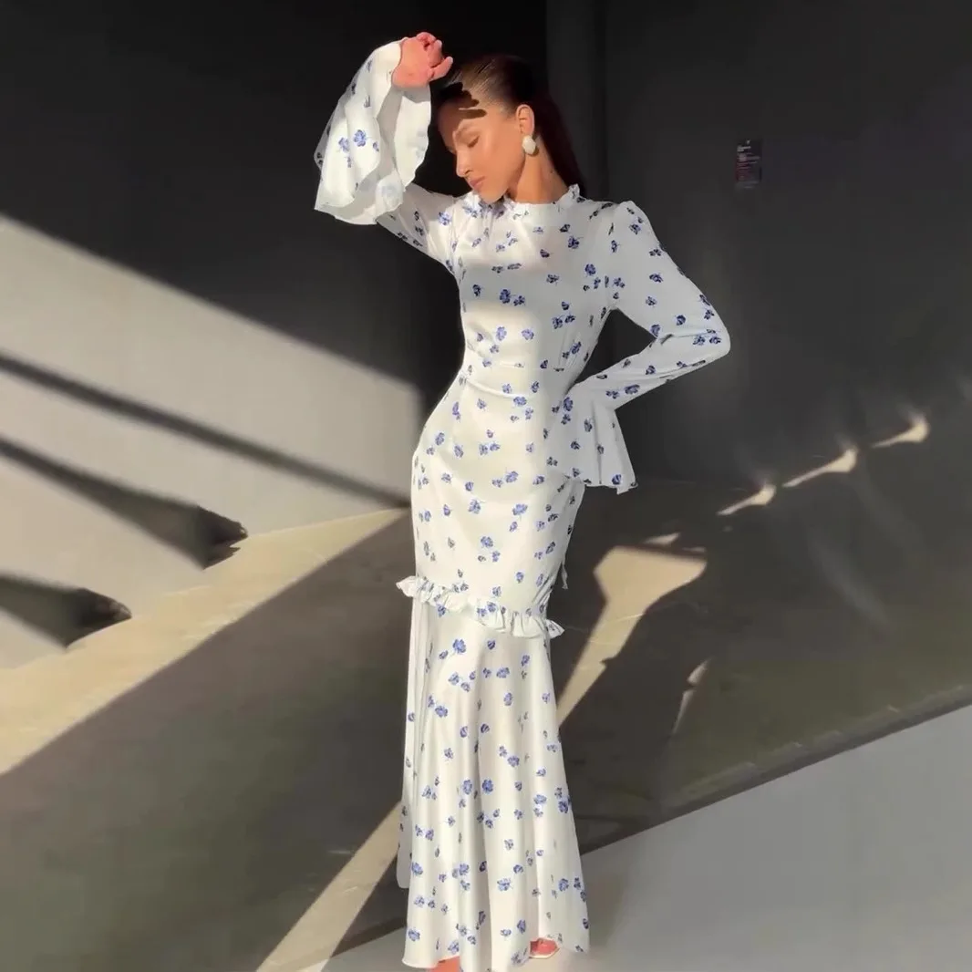 Ele Floral Lace Hem Long Slimming Dr Fre Gentle Sle Spring 2025 Knitted Acetate Fabric High Waist lectual Women