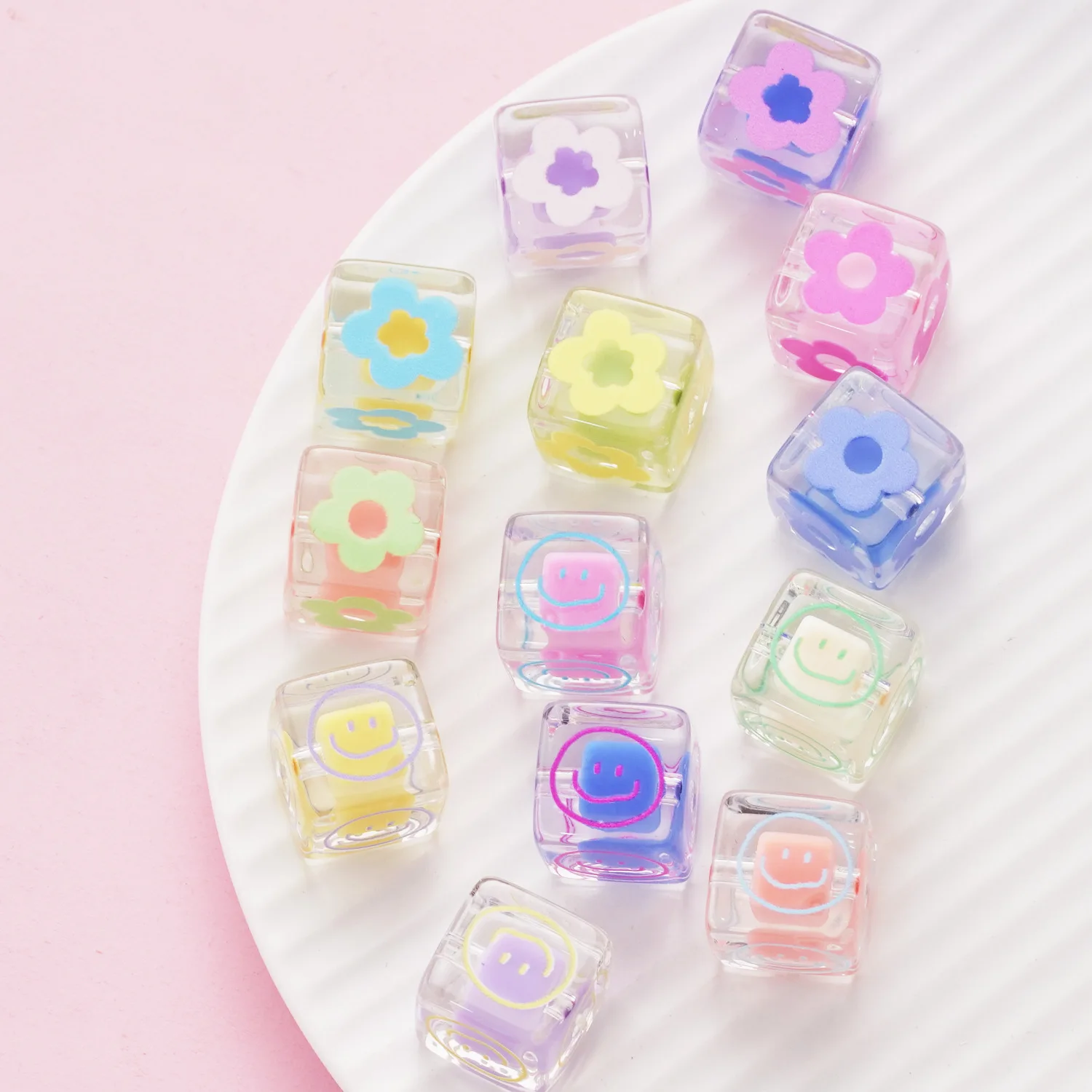 16mm Flower Smiling Face Beads Middle Square Beads Loose Handstring Beads Accessories DIY Hair Rope Accessories