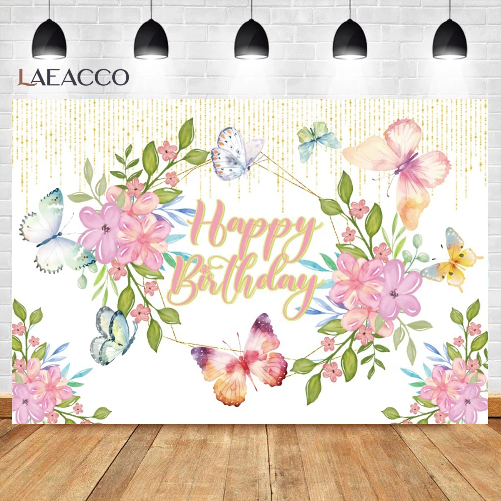 Laeacco حالمة فراشة الطفل حفلة عيد ميلاد التصوير الخلفيات استحمام الطفل الوردي ورود زينة خلفية استوديو الصور