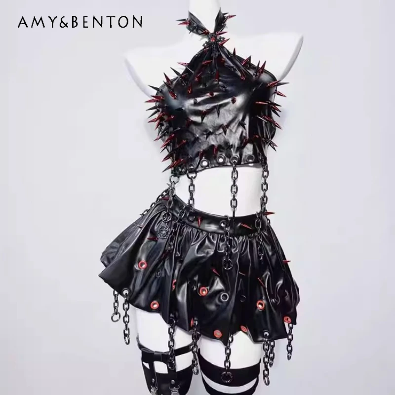 

Original Design Black Gothic Style Sweet Cool Rivet Sexy Women's Sling 2025 Summer New PU Leather Chain Mini Skirt Set Ladies