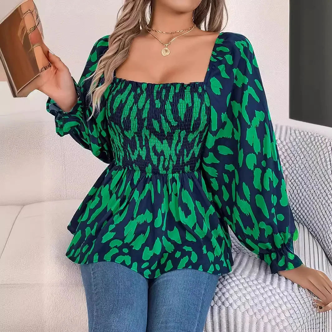 Spring And Autumn Women's Casual Mushroom Edge Square Neck Blouse Elegant Long Sleeved Wrinkled Fashionable Leopard Print Shirt 