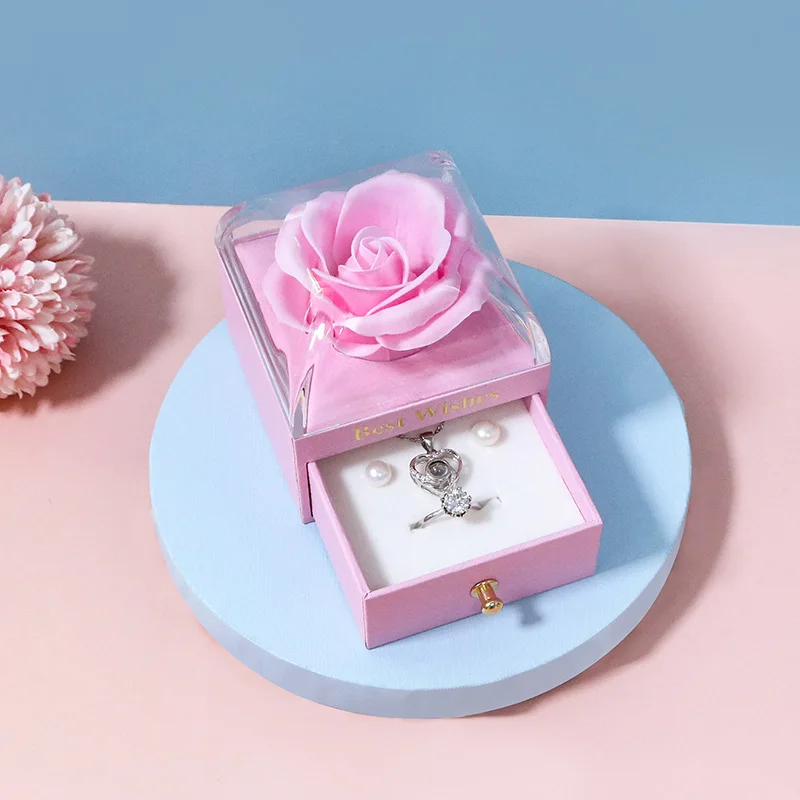 Jewelry Storage Box Single Rose Gift Drawer Box Macarone Ring Earring Necklace Packaging Box Curved Valentine's Day Wedding Box