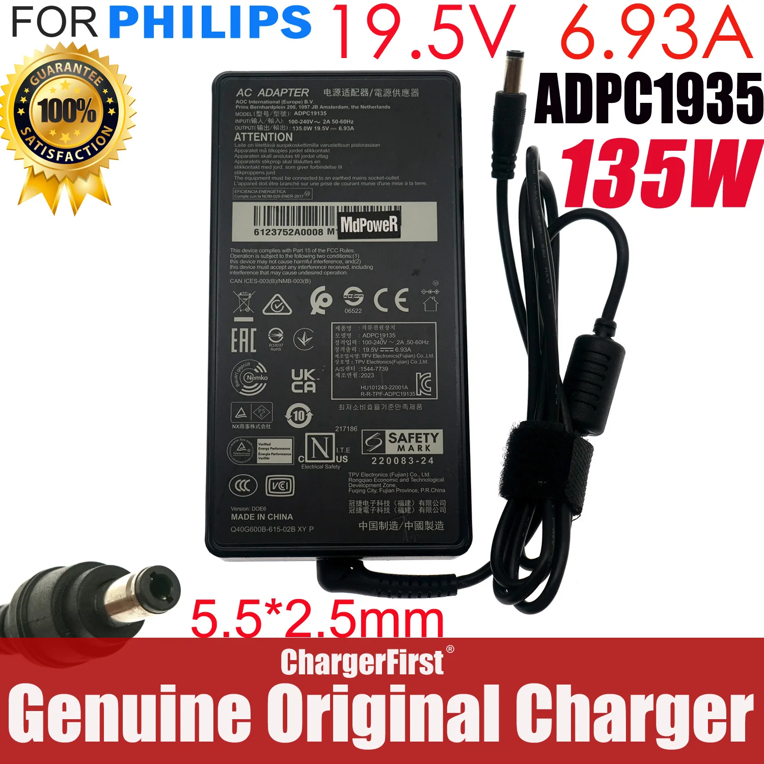 Genuine ADPC19135 19.5V 6.93A 135W AC Adapter For Philips 346E2CUAE 346E2LAE 346E2C AOC AG276QZD2 AG276QSD 5.5x2.5mm 7.4x5.0mm