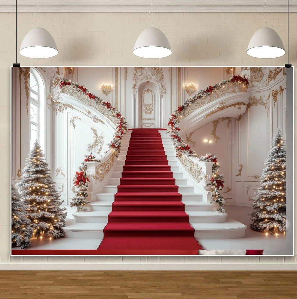 عيد الميلاد الفاخرة قصر الدرج خلفية السجادة الحمراء Xmastrees هدية أكوام مذهب أنيقة احتفالية ديكور التصوير الخلفيات