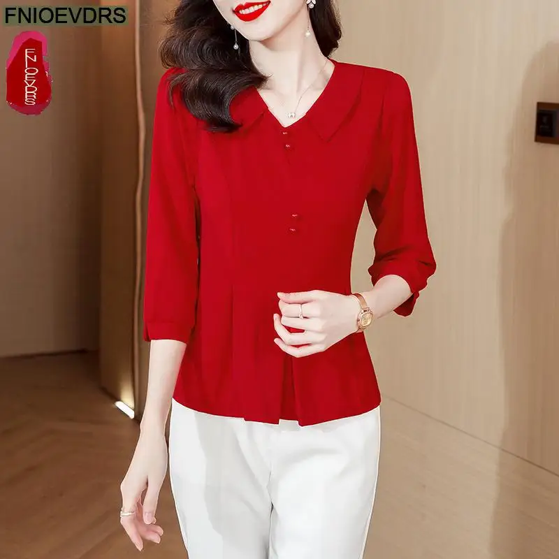 5 Colors Hot Women 2023 Elegant Office Lady Casual Solid Basic Button Shirts Purple Red Peplum Peter Pan Collar Tops Blouses