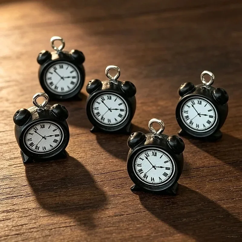 10Pcs Vintage Mini Black Alarm Clock Resin Charms Roman Numerals Dial Pendants DIY Jewelry Accessories for Necklace Earrings