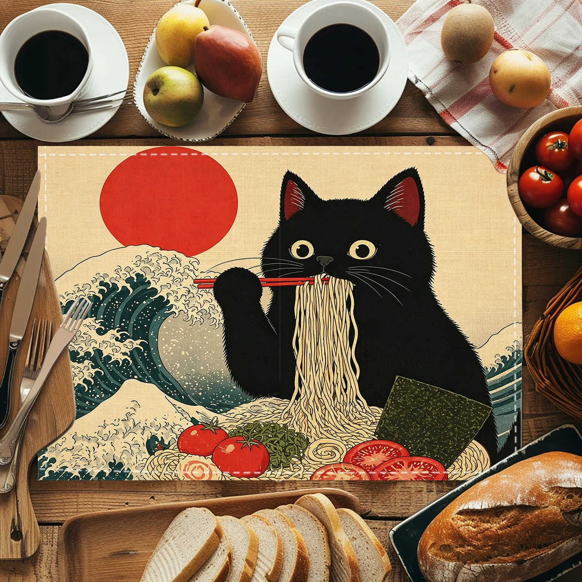 Cute Floral Cat Pattern Polyester Placemats - Set of 4, Decorative Table Mats for Home Dining, Kitchen and Party Use