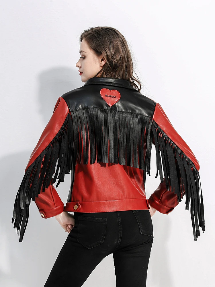 Slim Women Red White Contast Faux Leather Jacket Spring Autumn Fashion Streetwear High Waist Patchwork Motorcycle Coat